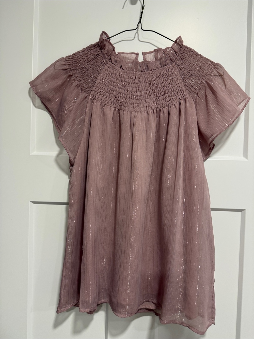 Moodie  Shimmery Mauve Smocked Ruffle Neck Blouse Medium